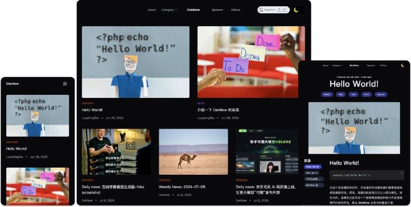 DevNowDevNow：一个好的开源博客是什么样子的？DevNow 是一个精简的开源技术博客项目，支持 Vercel 一键部署，支持评论、搜索等功能，欢迎大家fork使用